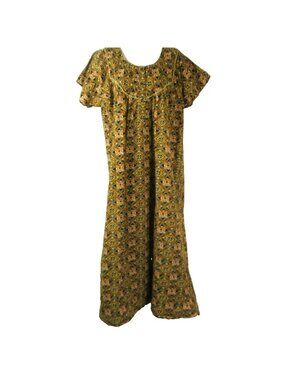 Hawaiian MuuMuu Dress  Size L? Hand Made Long Brown Pink Traditional Cotton
